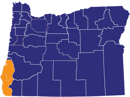 Map highlighting Coos and Curry counties