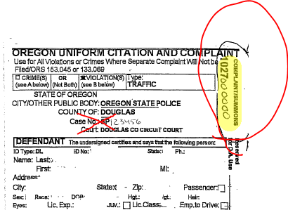 Traffic ticket with Complaint Number circled