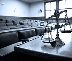 image of an empty courtroom with scales of justice on table.