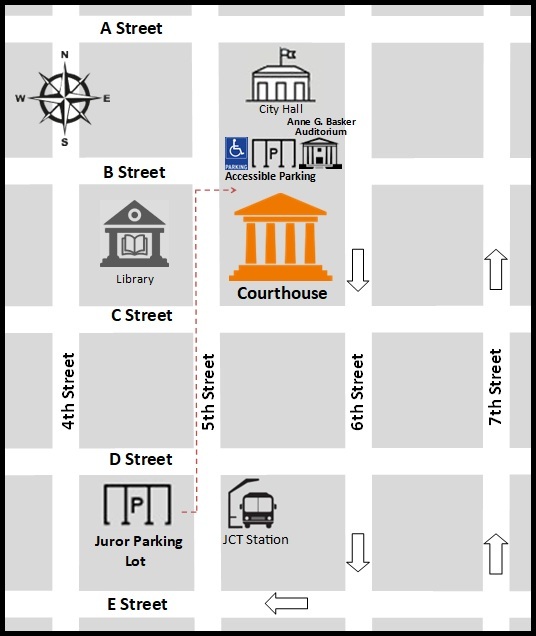 Map showing courthouse and parking lot locations