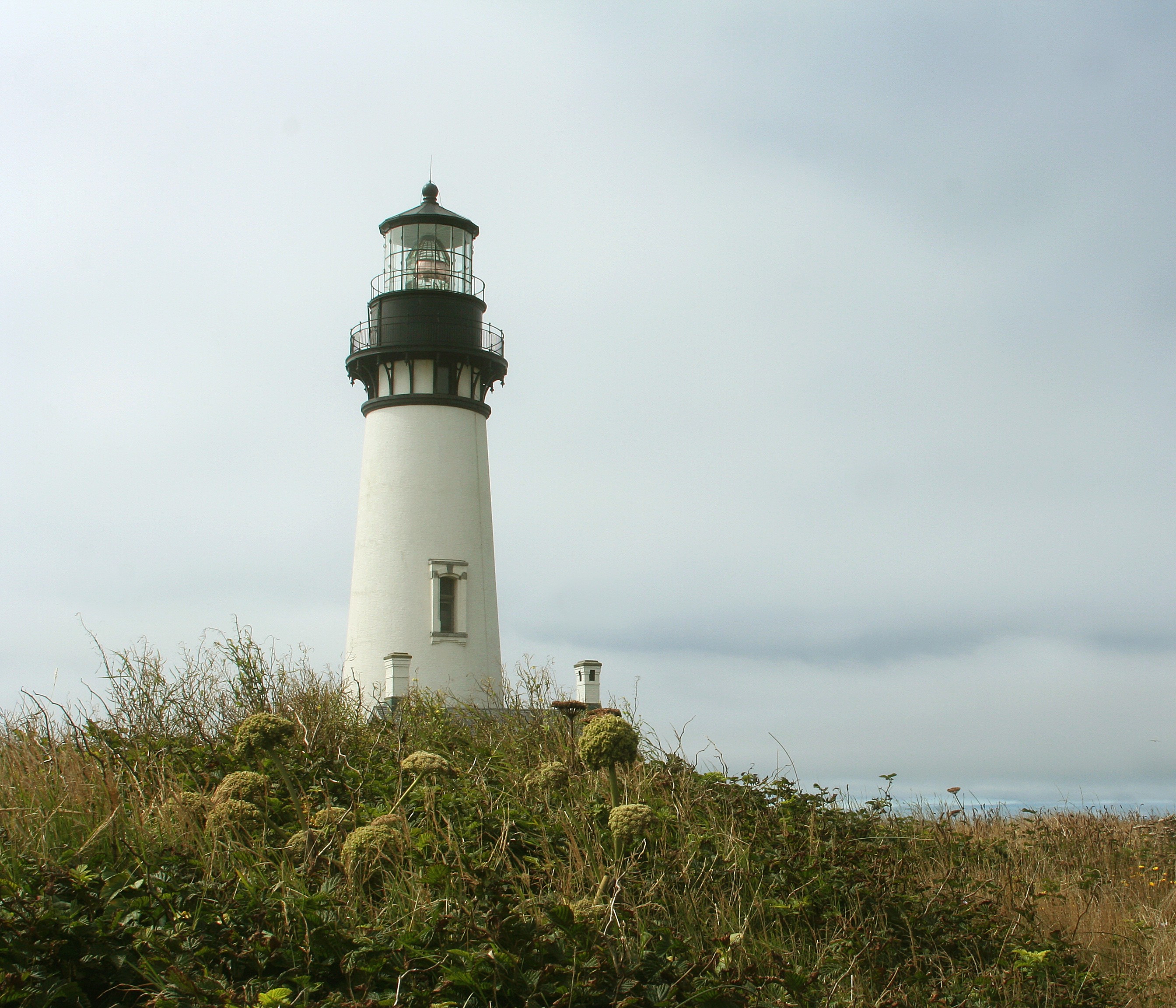 Lighthouse standing on a grassy bluff under a cloudy sky.