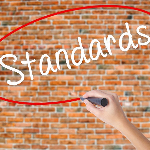 Green street sign that says "Standards" with blue partially cloudy sky in background